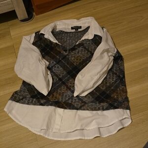 Absolutely Famous White Layered Plaid V-Neck Shirt-Blouse